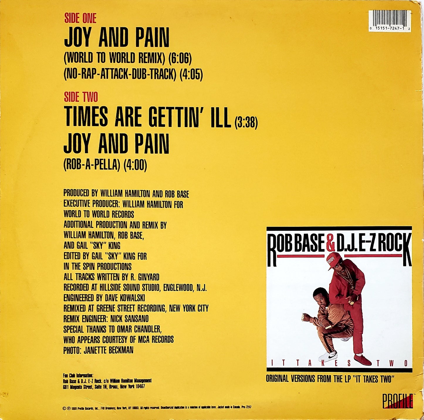Rob Base & D.J. E-Z Rock - Joy And Pain/Times Are Gettin' Ill (Remix) (12" Vinyl)