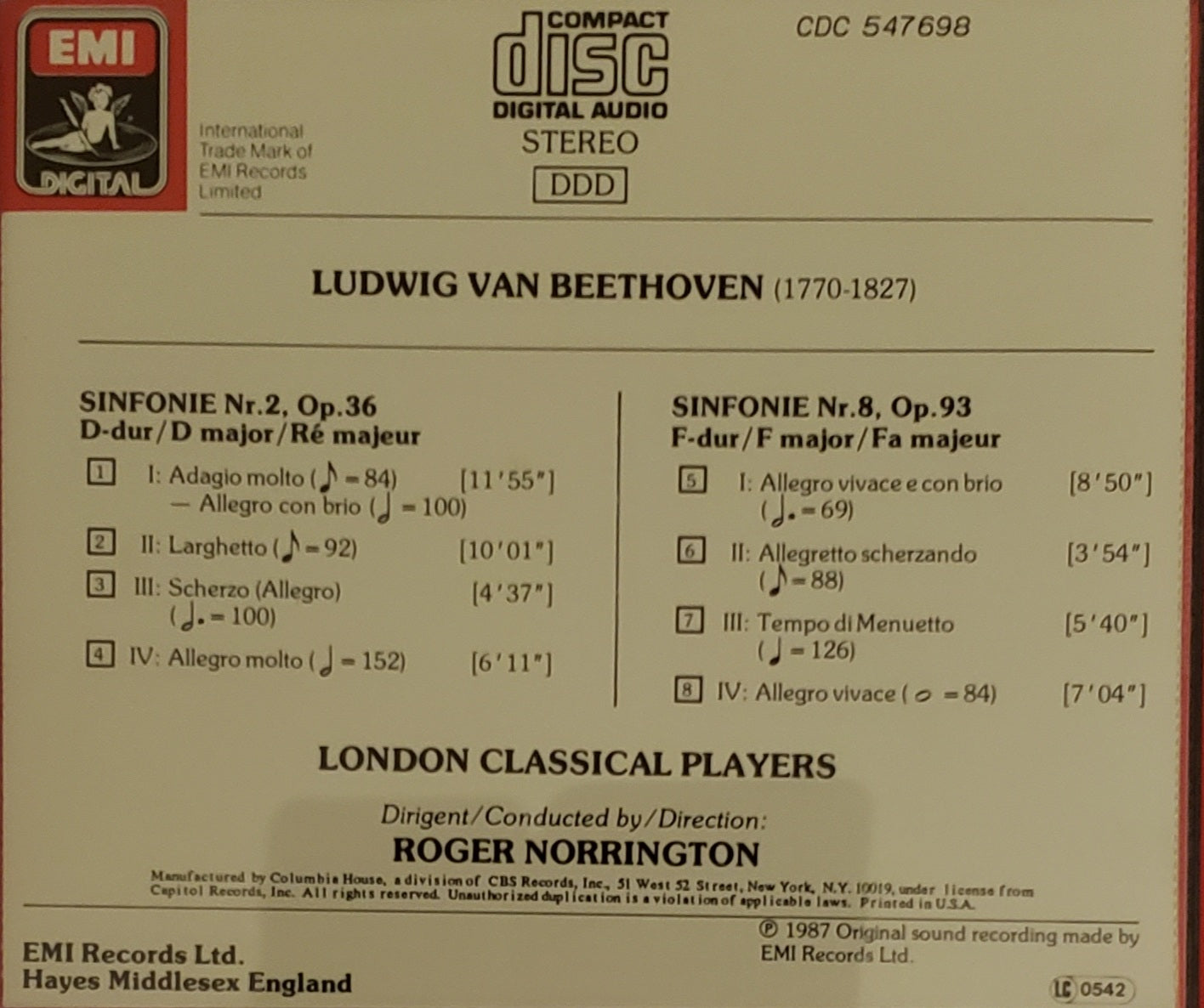 Bethoven Sinfonien Symphonies 2 & 8 (CD Album)