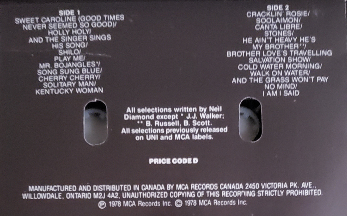 Neil Diamond" 20 Golden Great"s (Audio Cassette Tape)