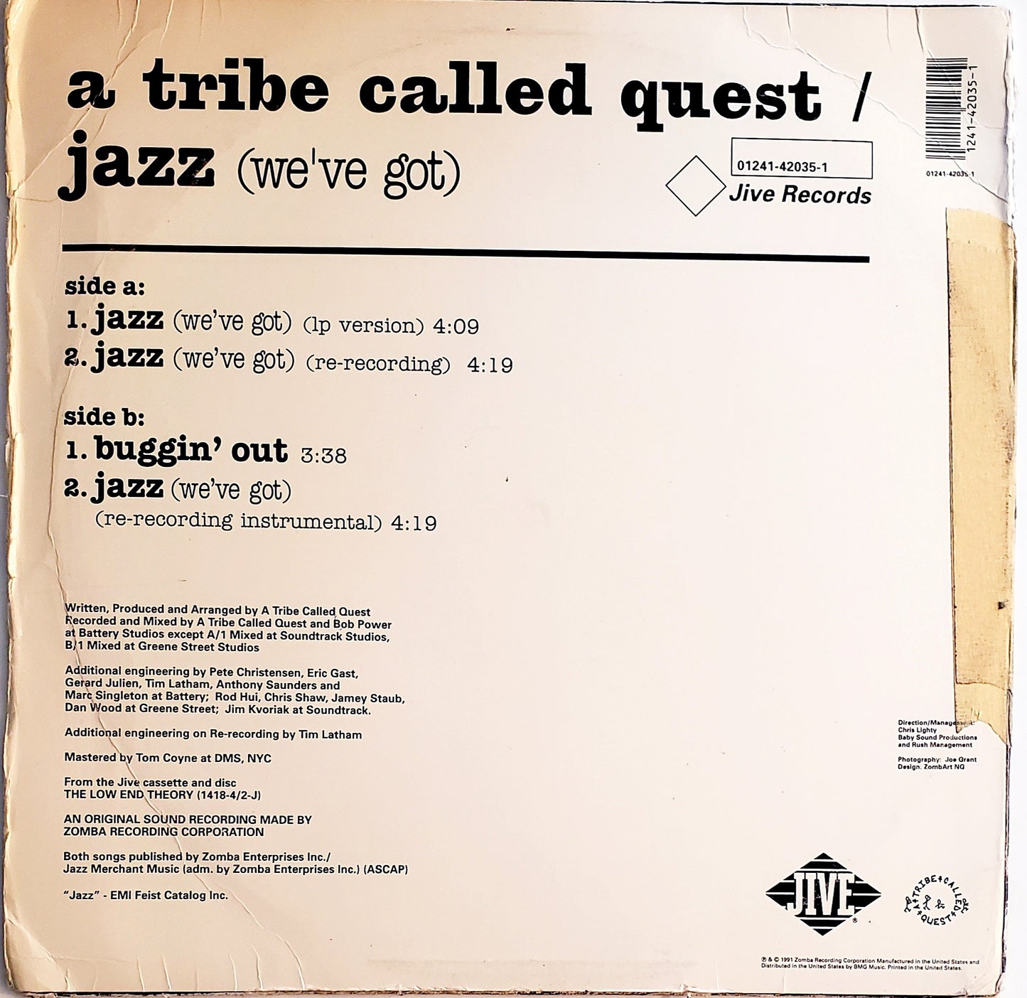 A TRIBE CALLED QUEST "JAZZ (We've Got/BUGGIN' OUT"(12" Vinyl) VINTAGE!!!